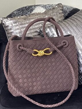 Woven Olive-Brown Leather Tote with Gold Accent